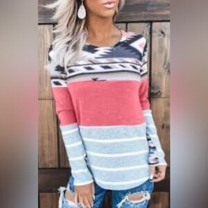 SHEIN Long Sleeve Boho Tribal Graphic Top